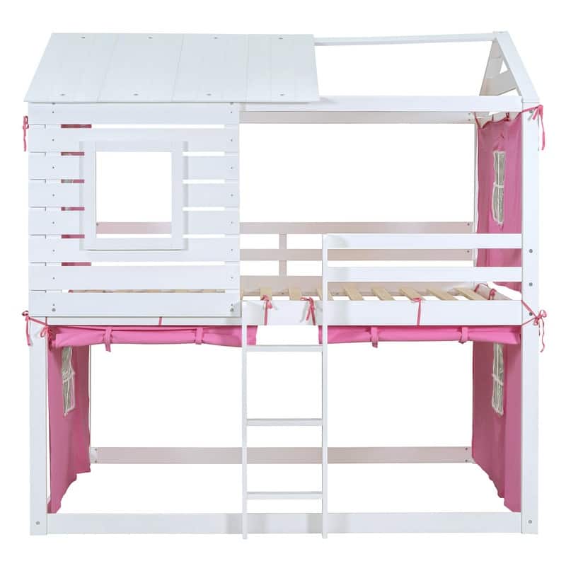 Full Size Wood House Bed Bunk Bed with Tent, Kids Bed