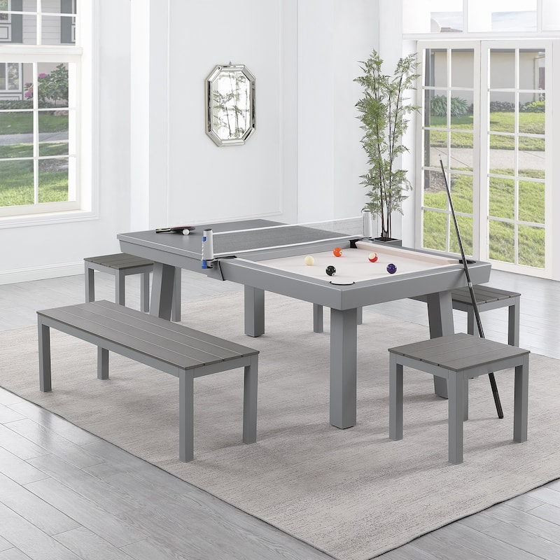 Newport Outdoor Patio 7ft Slate Pool Table 6-Seater Dining Set with 4 Benches & Accessories, Cement Finish