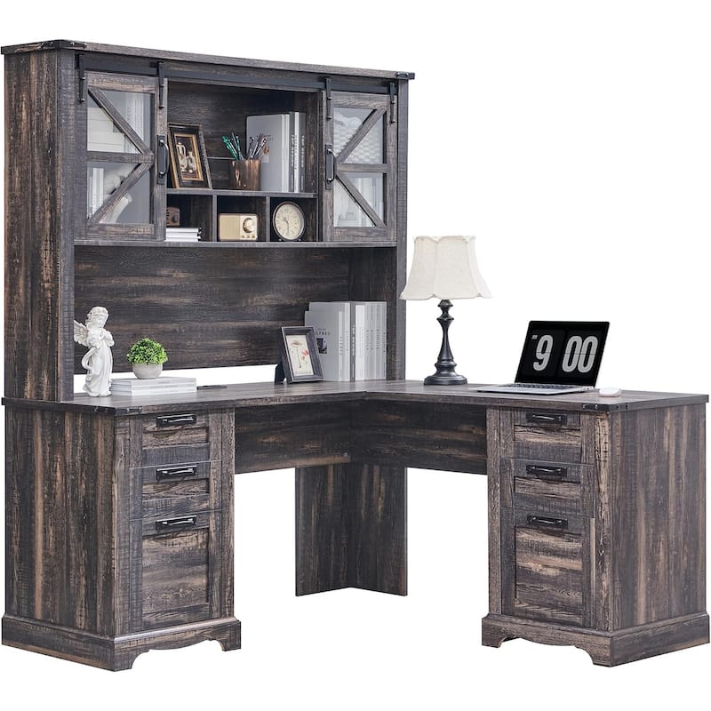Farmhouse L Shaped Desk with Hutch, Wood Desk with Charging Station