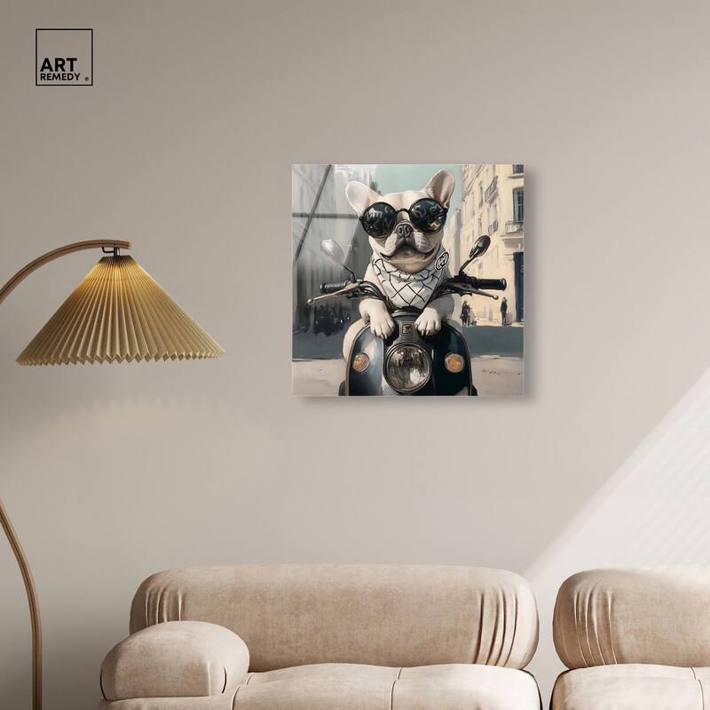 Frenchie on a Scooter Drive Acrylic by Art Remedy, Ready to Hang
