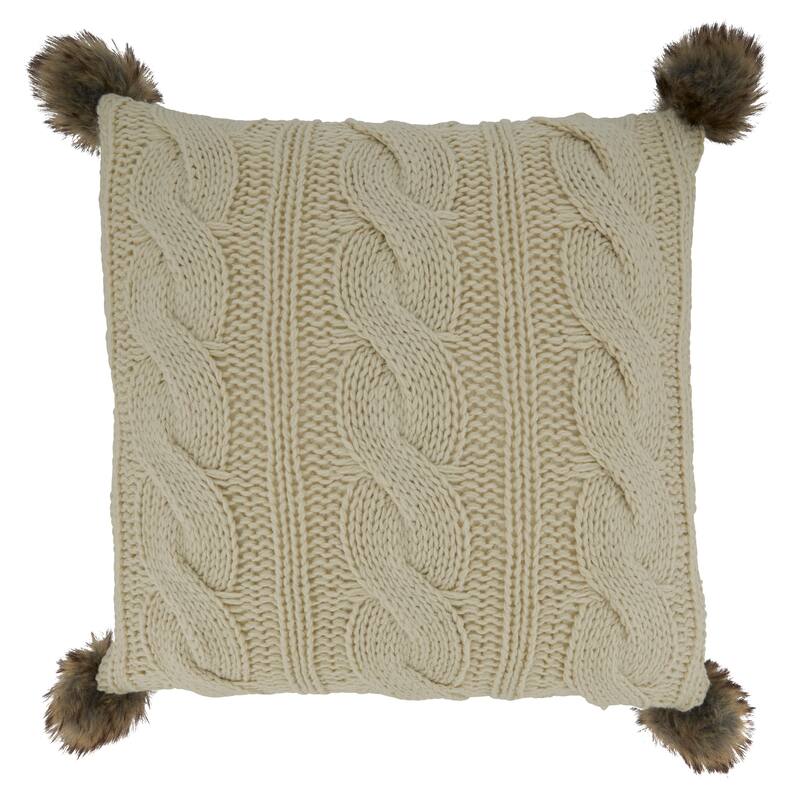 Throw Pillow With Cable Knit Pom Pom Design, 18"x18"