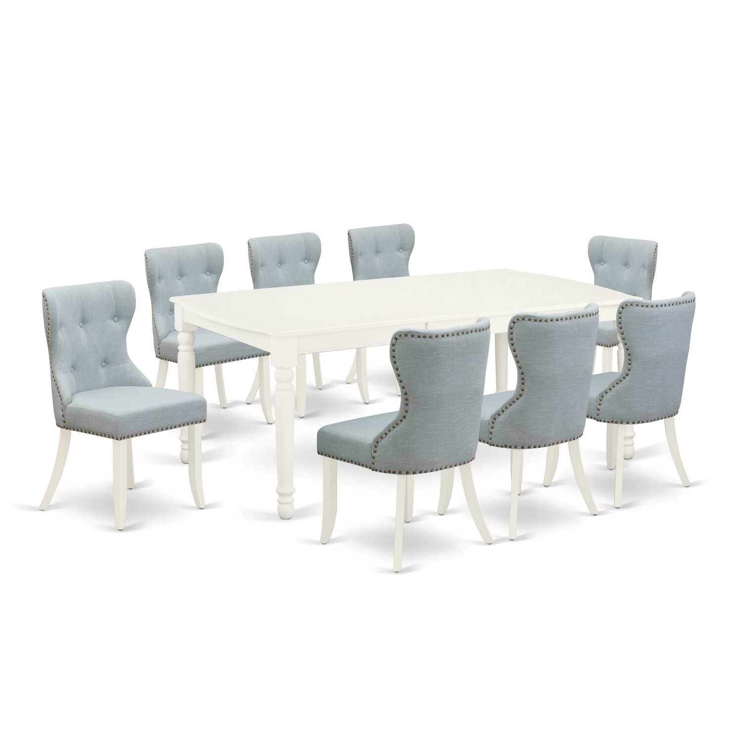 Glam Dining Room Set - 9 Piece Linen Fabric Chairs & Wood Table - Baby Blue & Linen White - 78