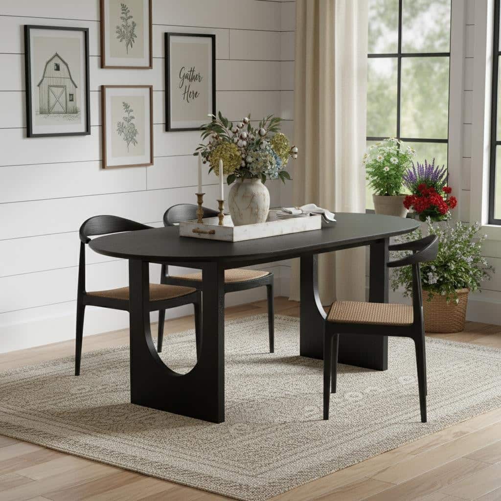 HomeRoots 79" Black Solid Wood Geo Double Pedestal Base Oval Dining Table - 79.00 in. x 30.00 in. x 40.00 in.