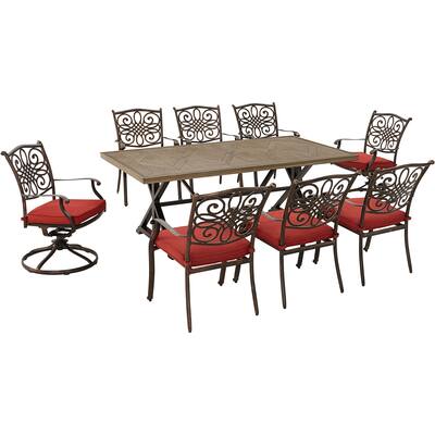 Hanover Traditions 9-Piece Dining Set in Red with 6 Dining Chairs, 2 Swivel Rockers and 42-in. x 80-in. Tile-Top Farmhouse Table