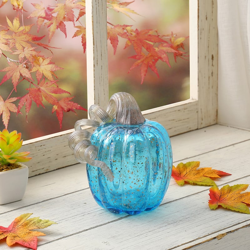 Glitzhome Fall Hand Blown Blue Glass Pumpkin Thanksgiving Table Decor - A