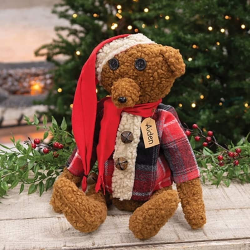 Aiden Teddy Bear in Plaid Shirt with Hat and Scarf Winter Decor - 9” x 4” x 17”