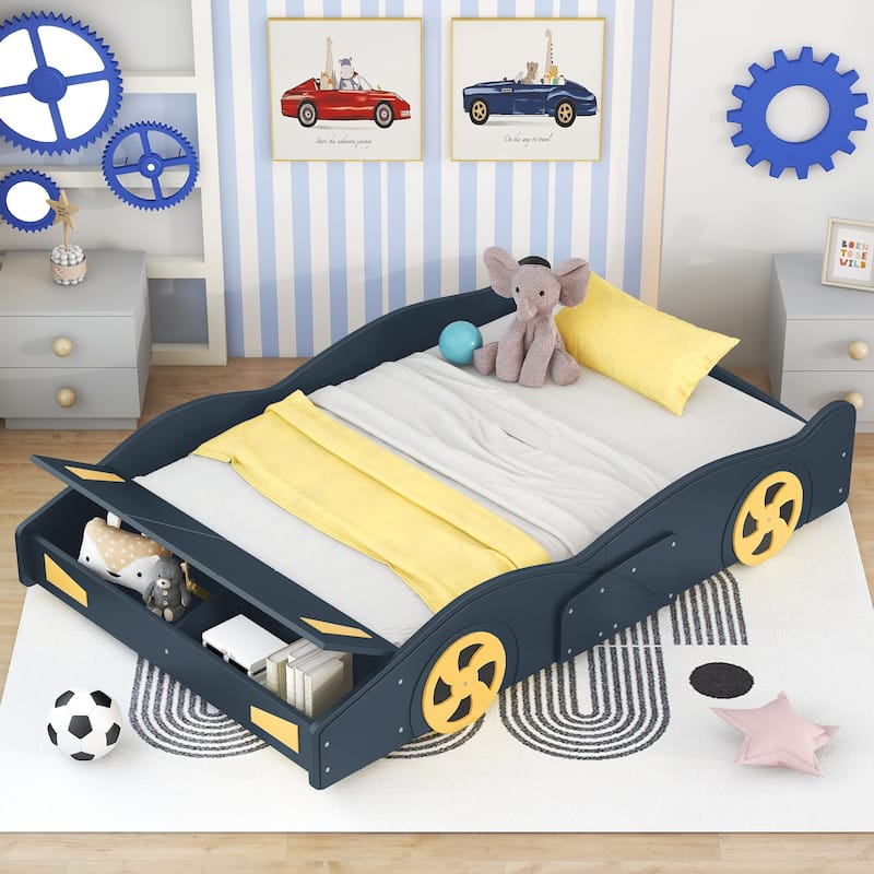 Full Size Platform Bed, Race Car-Shaped Design - Dark Blue