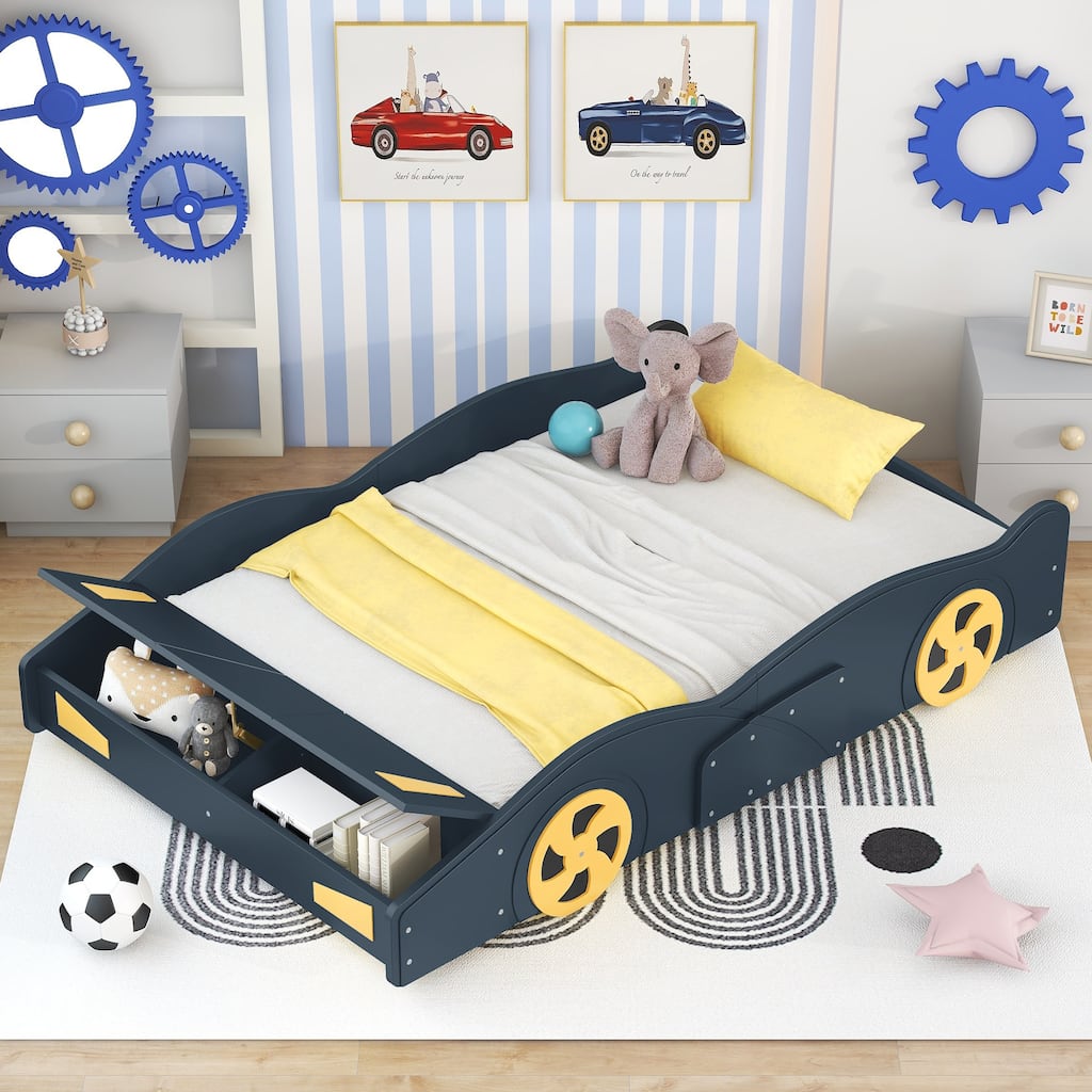 Full Size Race Car-Shaped Platform Bed with Wheels and Storage