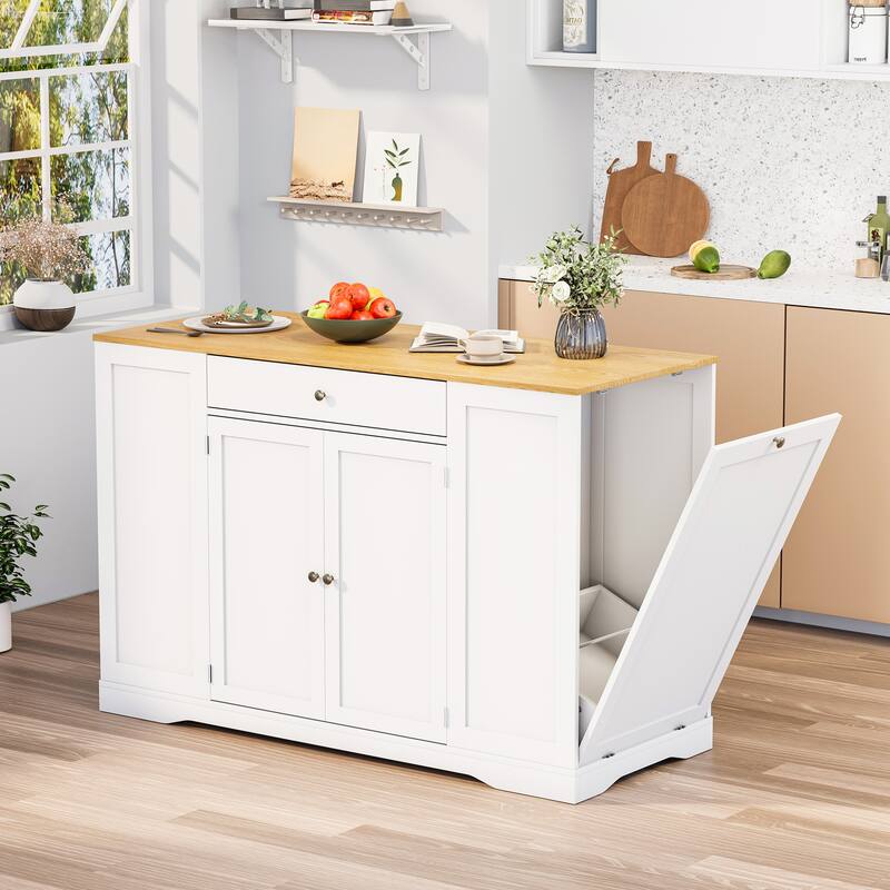 53" Mobile Kitchen Island Cart with Trash Can Cabinet, Spice Rack, Drawer & Towel Bar