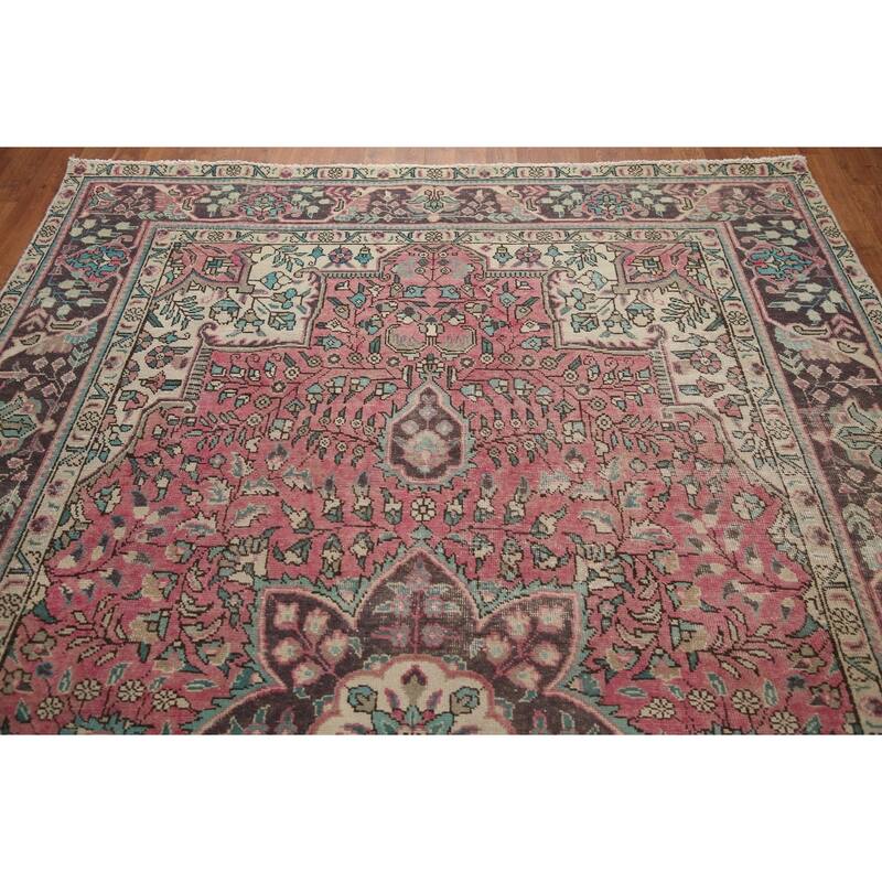 Hand Knotted Oriental 100% Wool Carpet Traditional Floral Pink Tabriz Area Rug - 10' 0'' X 6' 5''