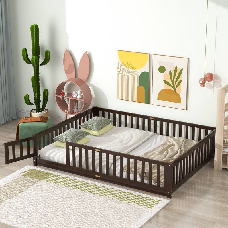 Floor Platform Bed with Fence Guardrails and Door