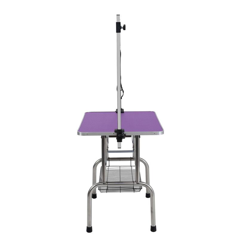 Anmytek Folding Pet Grooming Table Stainless Steel Frame Non Slip Purple Rubber Top with Safety Restraints and Storage Basket