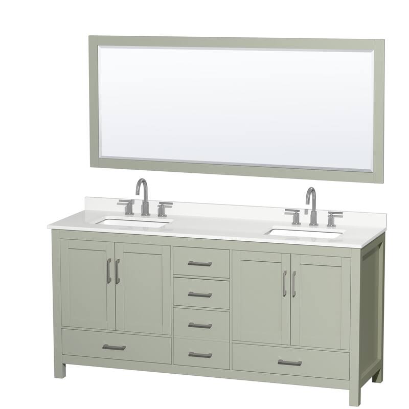 Sheffield 72-inch Double Vanity, 3 Hole Quartz Top, 70-inch Mirror - Light Green, Nickel Trim, White Quartz Top