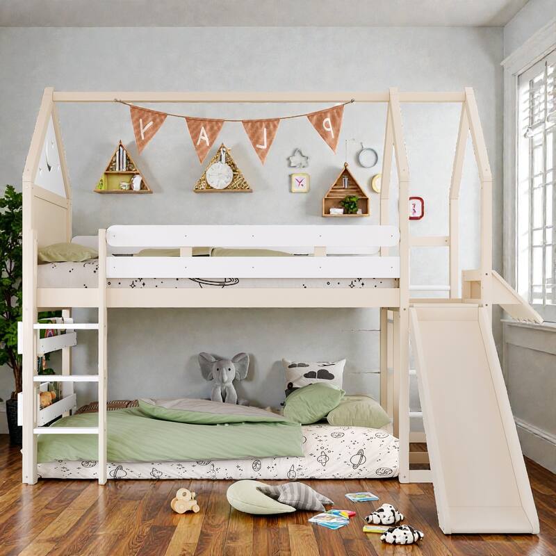 Twin Loft Bed with Slide and Bookshelf, Kids House Bed with Stairs, Safety Rails, Playful Design - Beige - Twin