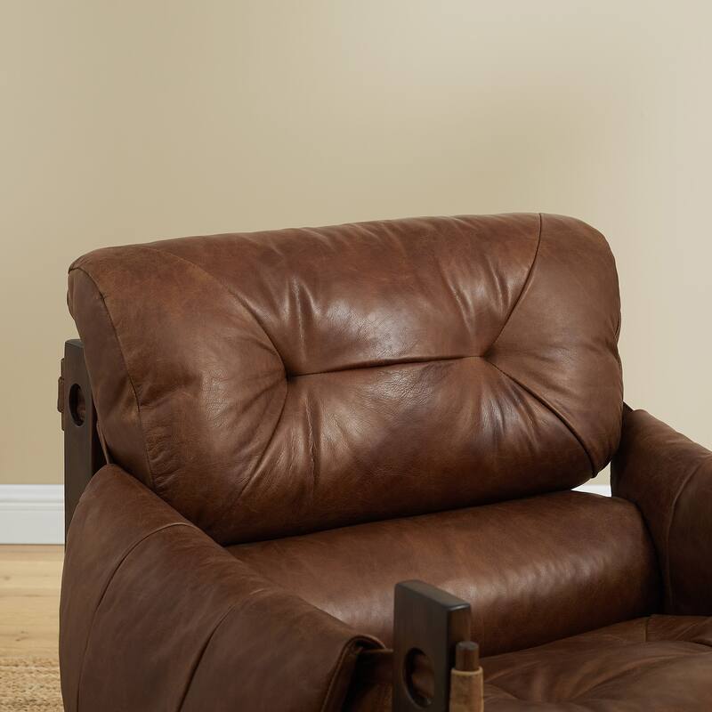Art Leon Genuine Leather Accent Chair with Ash Wood Legs