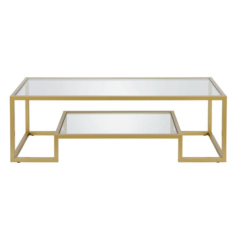 Modern 54-Inch Rectangular Glass Coffee Table Storage Shelf and Sleek Steel Sled Base for Living Room - 54"L x 24"W x 17"H