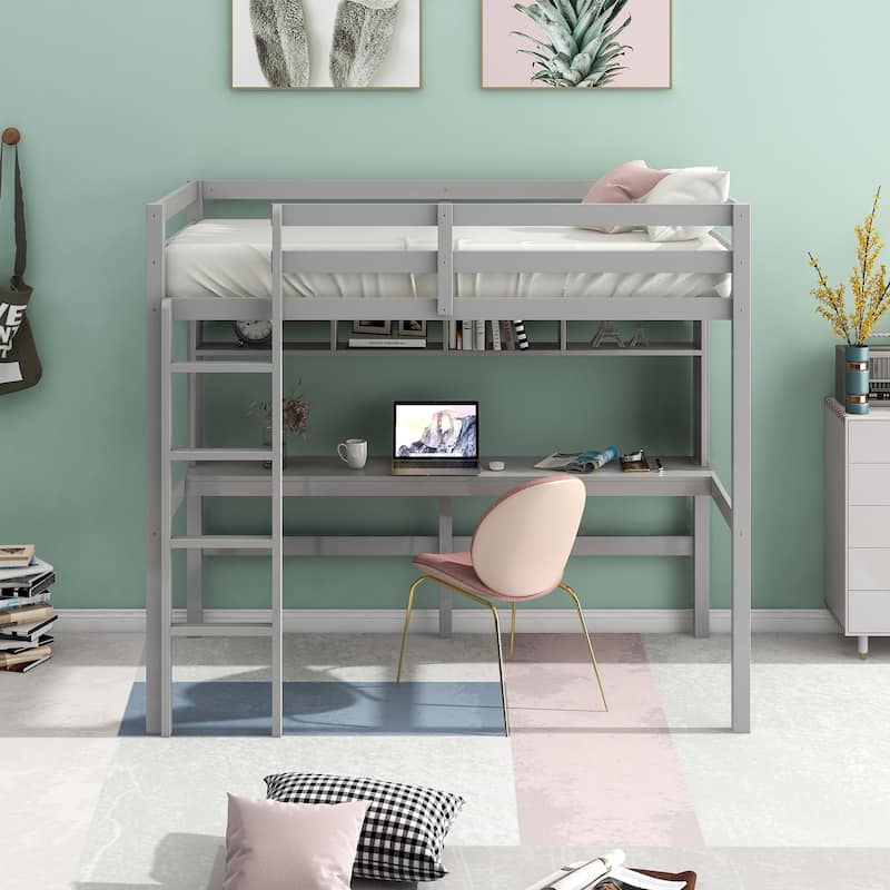 Sturdy Twin Size Loft Bed with Desk, Shelves, and Ladder for Kids