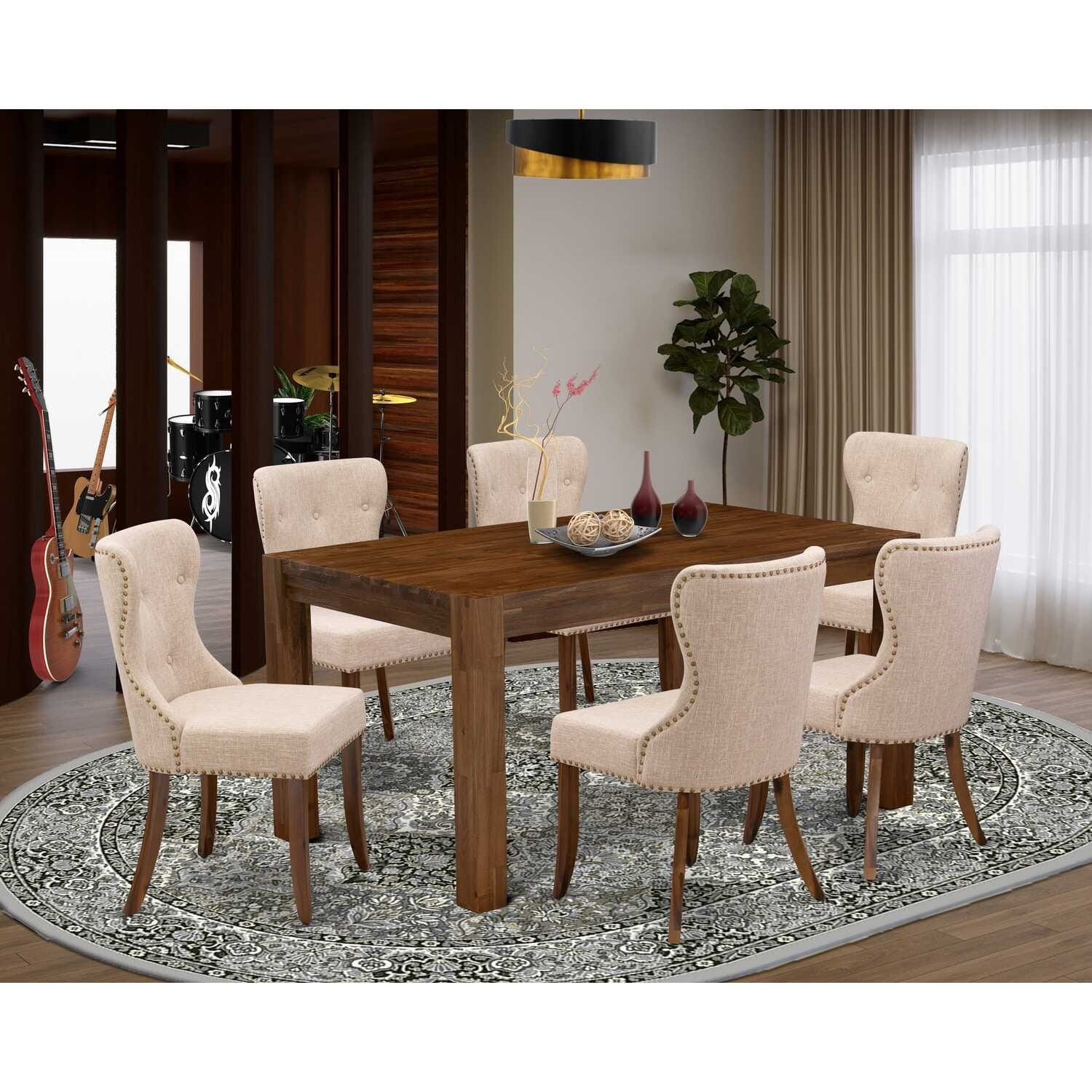 HomeStock 7-Piece Rectangle Natural Oak Finish Solid Wood Top Dining Table with 6 Parson Chairs