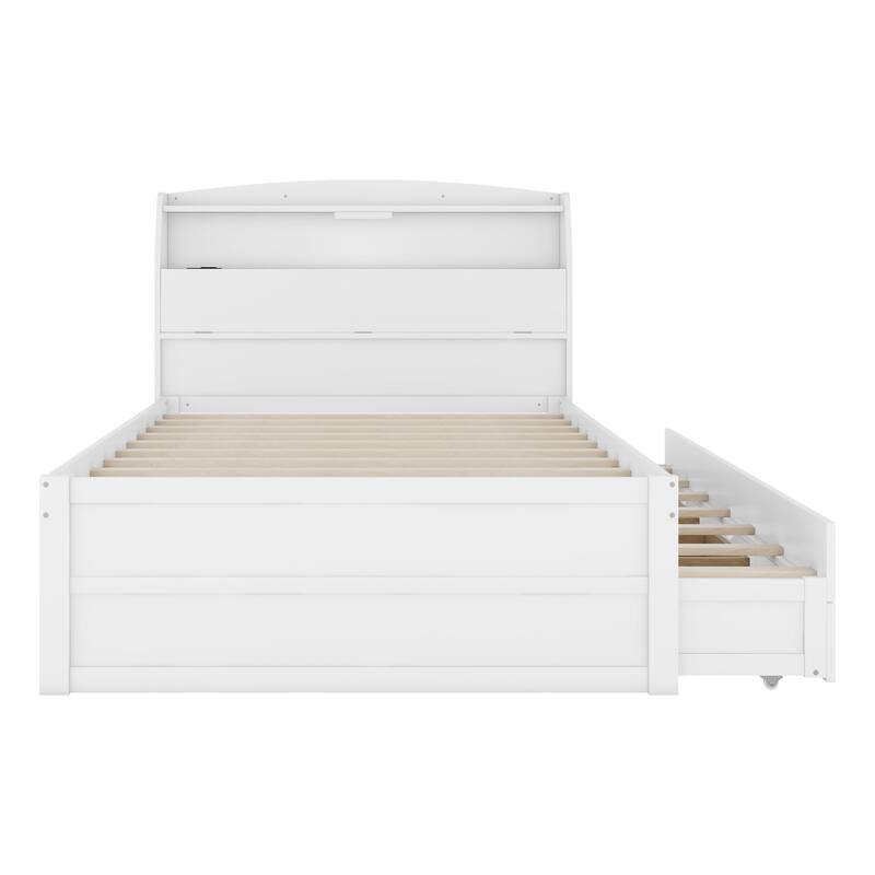 Wood Captain Bed Platform Bed with Trundle and 3 Drawers, Single Bed Frame with Storage Headboard and Integrated LED Light