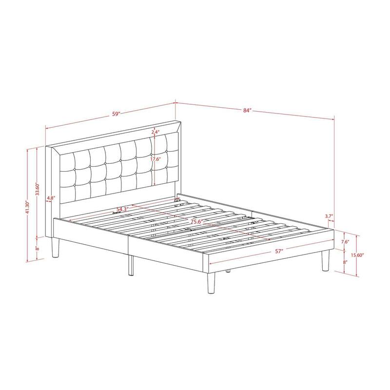 Full Size Bed Frame Upholstered Headboard - Modern Linen Fabric Bed - Black Legs - Easy Assembly