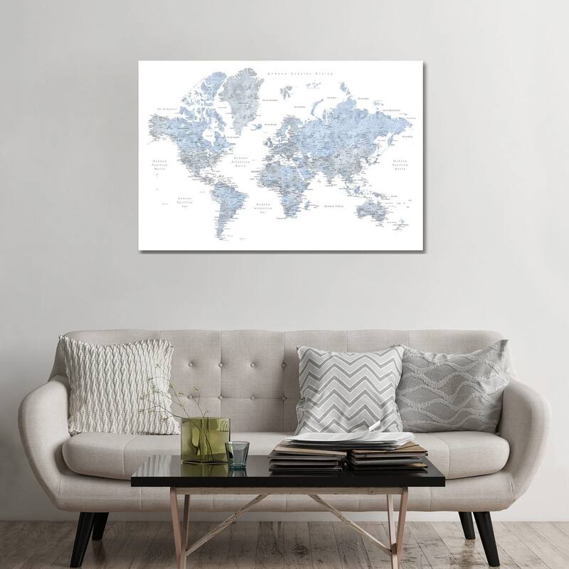 iCanvas "Labels In Spanish Blue And Grey World Map" by blursbyai Canvas Print - 32x48x1.5