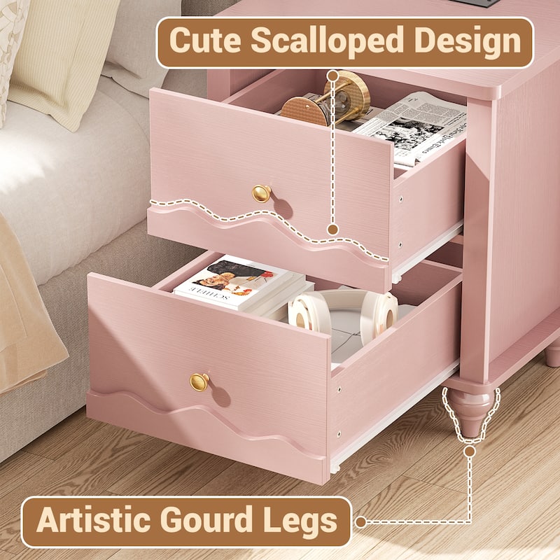 Modern Nightstand with Charging Station, Side End Table with 2 Drawers