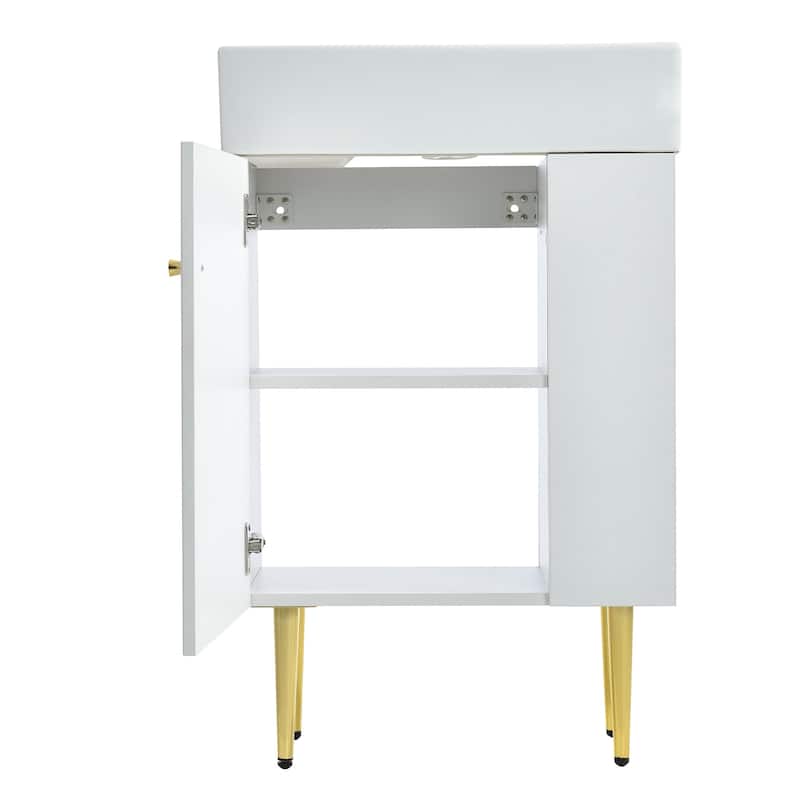 21.6" White Bathroom Vanity, Bathroom Storage Cabinet with Single Ceramic Sink, Right Side Storage