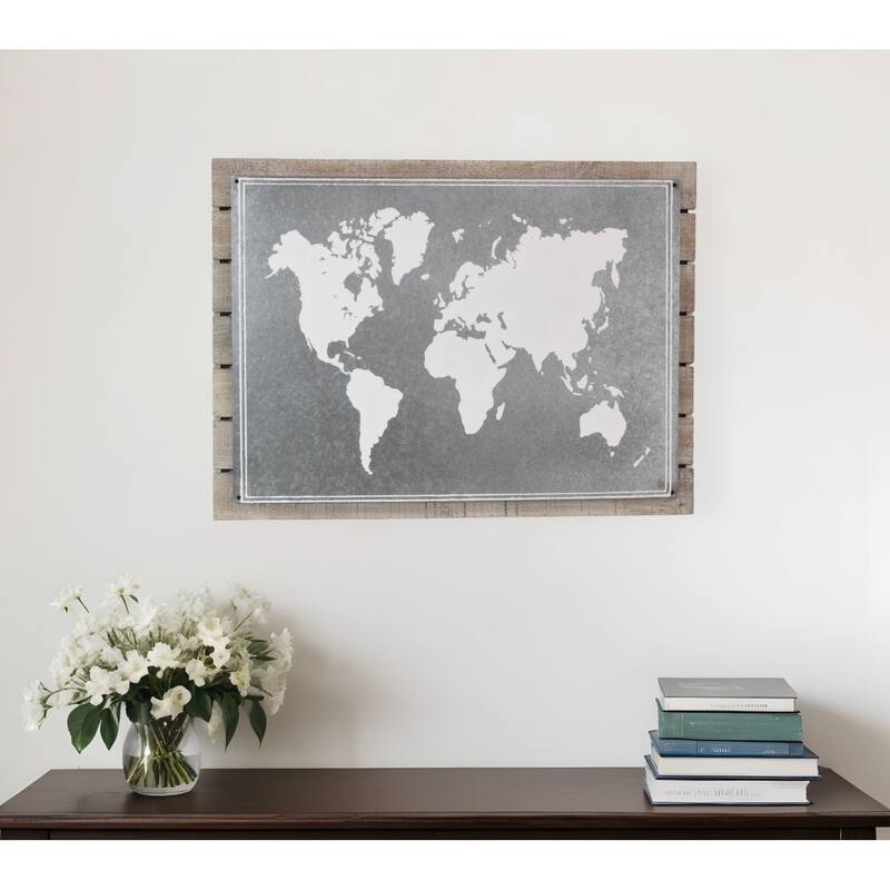 HomeRoots 25" X 34" Brown and Gray Wood and Metal World Map Hanging Dimensional Sculpture - Brown/Gray - 34.00 in. x 25.00 in.  x 1.25 in.