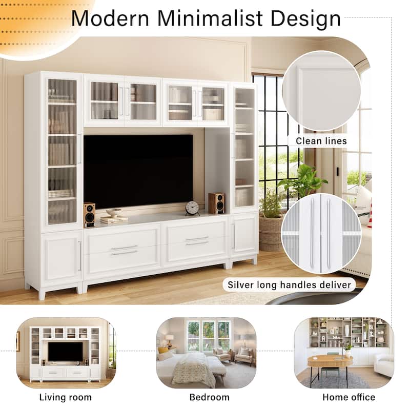 102" W Entertainment Unit TV Stand for TVs up to 75", Wall Unit Entertainment Center with Glass Cabinets