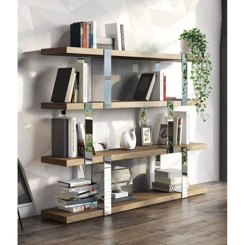 Modrest Brewer Modern Walnut Glass & Stainless Steel Bookshelf