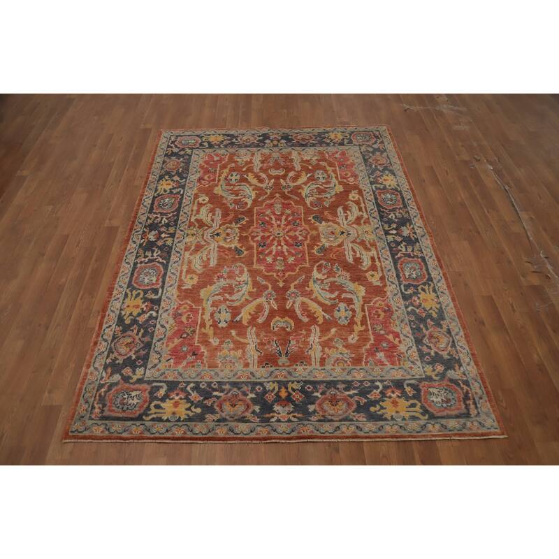 Hand Knotted Oriental 100% Wool Carpet Transitional Floral Oranges & Rust Oushak Area Rug - 6' 10'' X 5' 1''