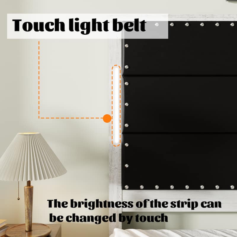 Bed Frame with Charging Station and LED Lights, Wood Slats