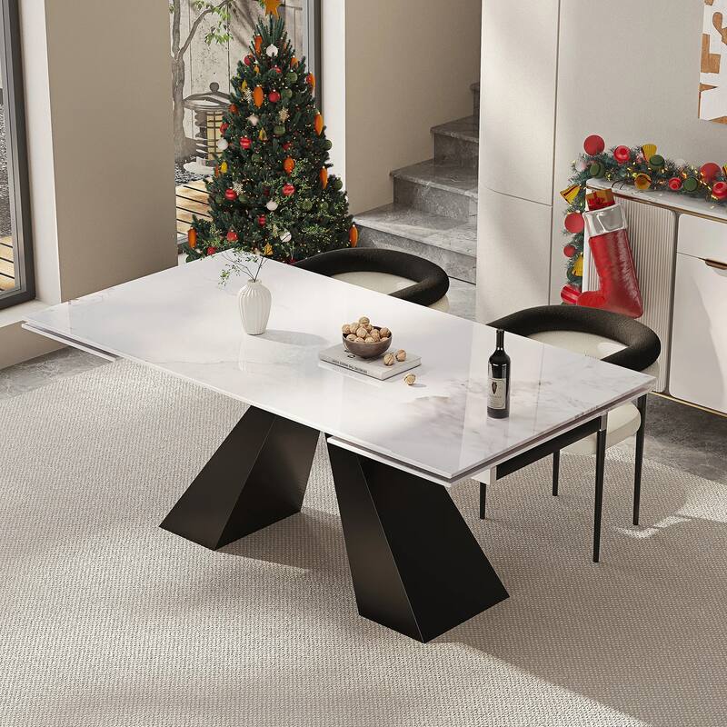 Extendable Rectangular Sintered Stone Double Pedestal Dining Table