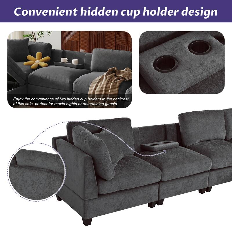 Upholstered Modular Sofa Tufted Couch with Removable Storage Ottoman and 2 Hidden Cup Holders, Sectional Sofa Living Room