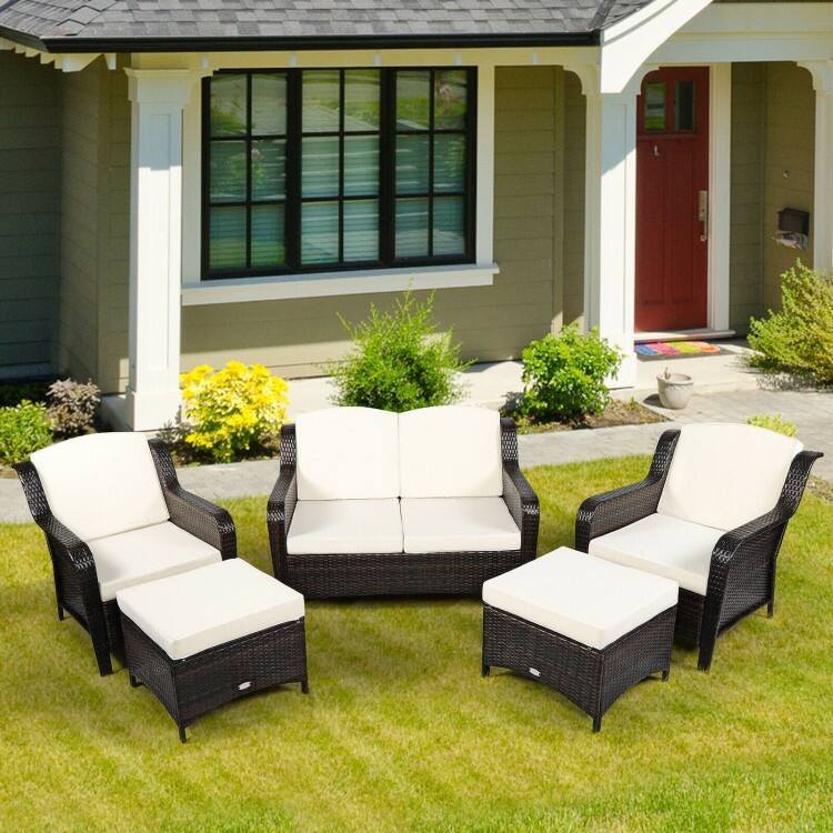 5 Pieces Patio Rattan Sofa Set with Cushion and Ottoman - 51" x 33.5" x 33" (L x W x H)