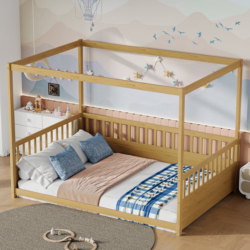 Full Size Canopy Bed Frame with Guardrails for Kids,Floor Bed Full with Four Poster Design,Kids Montessori Floor Bed - Natural Wood