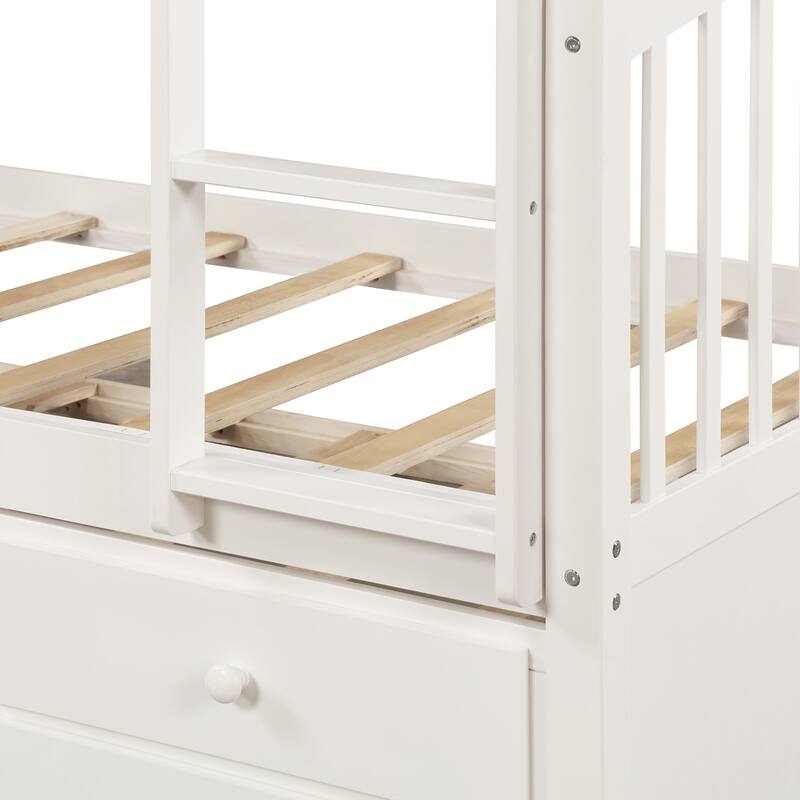 Twin Over Twin Bunk Bed with Trundle and Drawers, White, for Teens and Guest Rooms