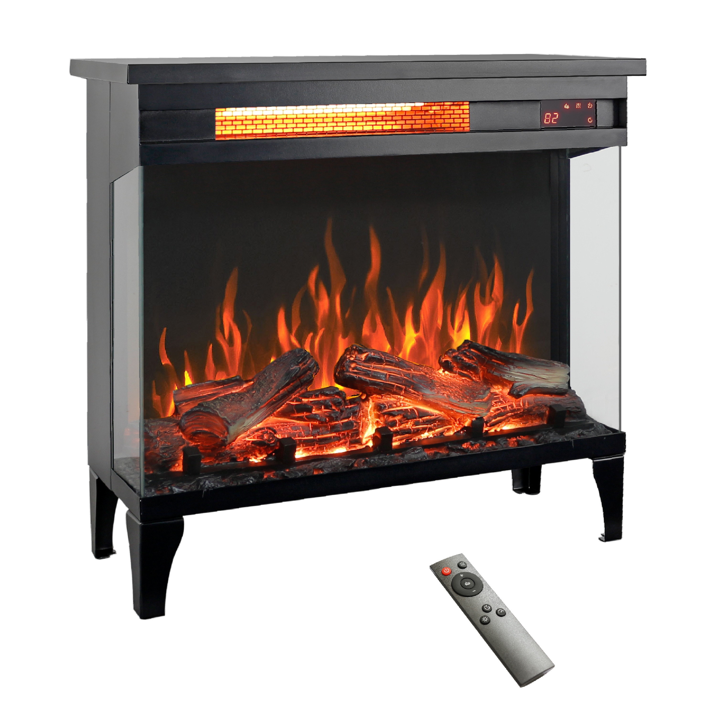 Modern 24 inch three sided glass electric fireplace with feet,Infra red remote control