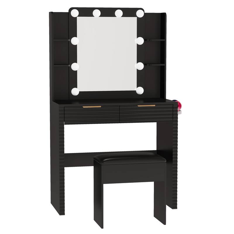 Makeup Vanity Desk with Storage Stool, Fluted Dressing Table with Charging Station & 10 Hollywood Bulbs, Black