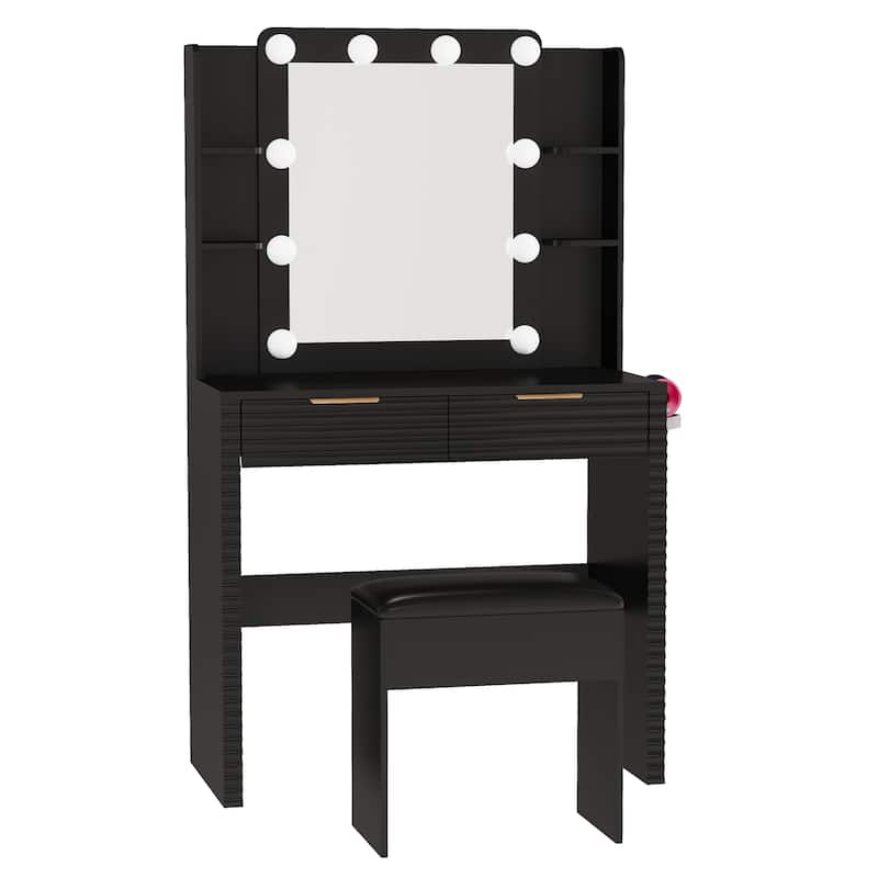 Roomfitters Makeup Vanity Table with Hollywood Lighted Mirror, Fluted Ribbed Drawers, Hair Dryer Holder and Stool, Black