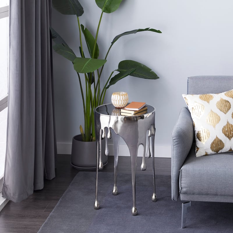 Aluminum Metal Abstract Drip Accent Table with Melting Design and Shaded Glass Top - Roche River Decor