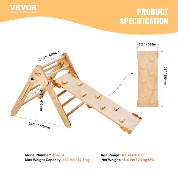 VEVOR Pikler Triangle Set Toddler Climbing Toys Indoor Playground, Large Size Wooden Climbing Gym for Toddlers 1-3 Years