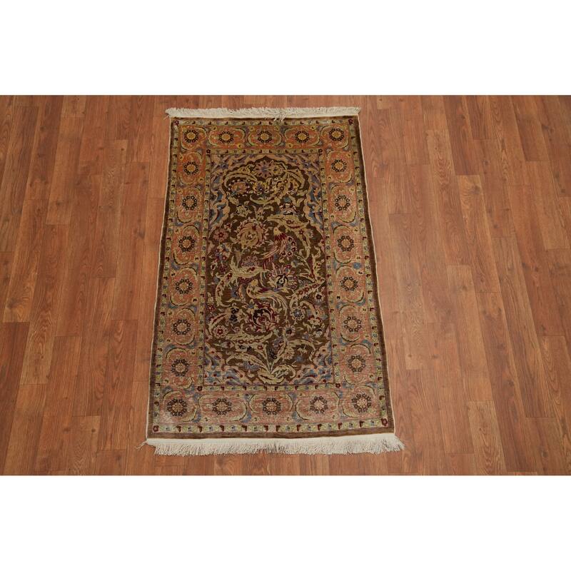 Hand Knotted Traditional Silk Brown Floral Area Rug - 3' 10'' X 2' 4''
