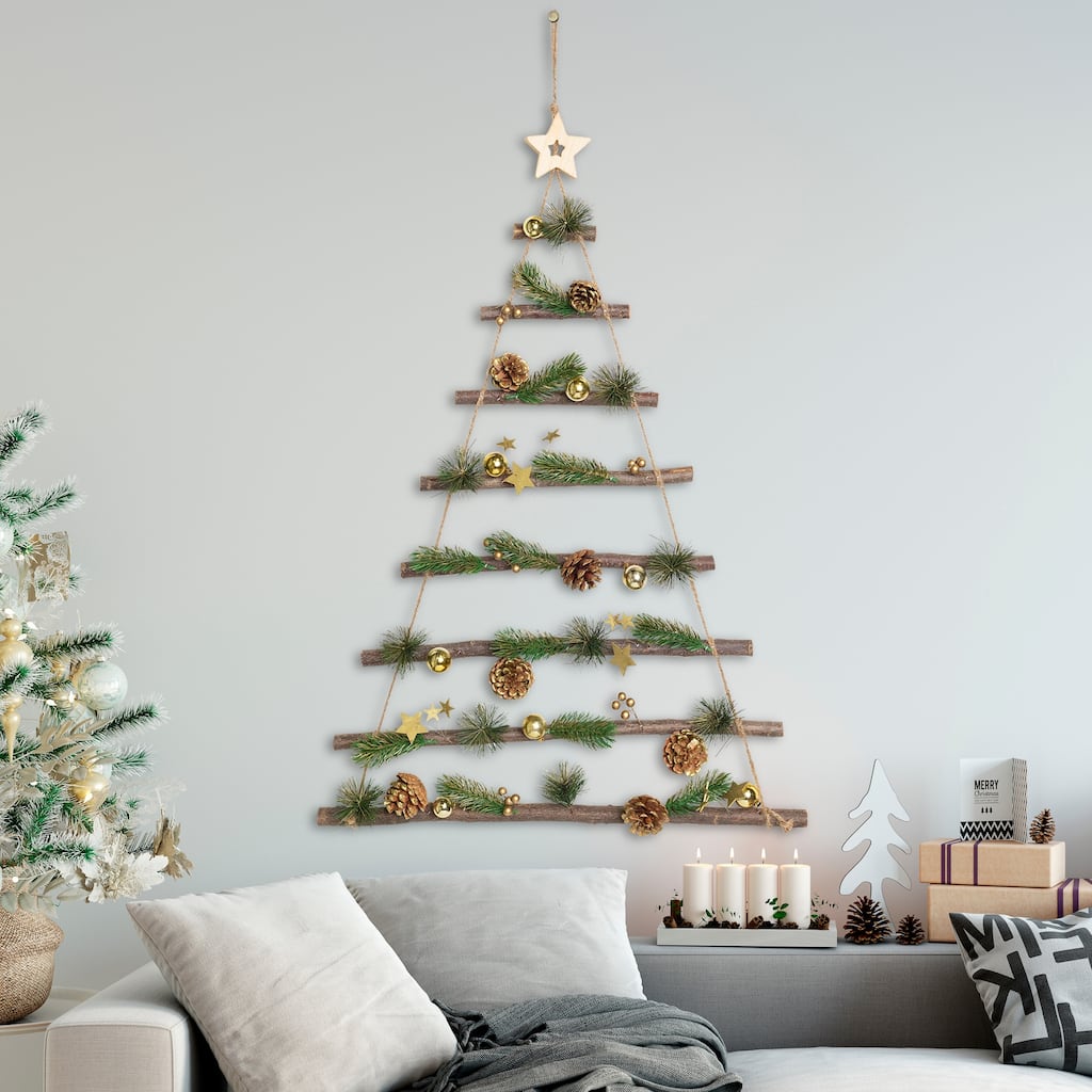 Star and Pinecone Hanging Tree Wooden Christmas Wall Decoration - 30"