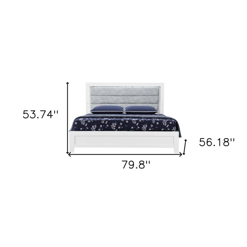 HomeRoots White and Light Gray Ribbed Texture Wood And Upholstery Lighted Full Bed Frame