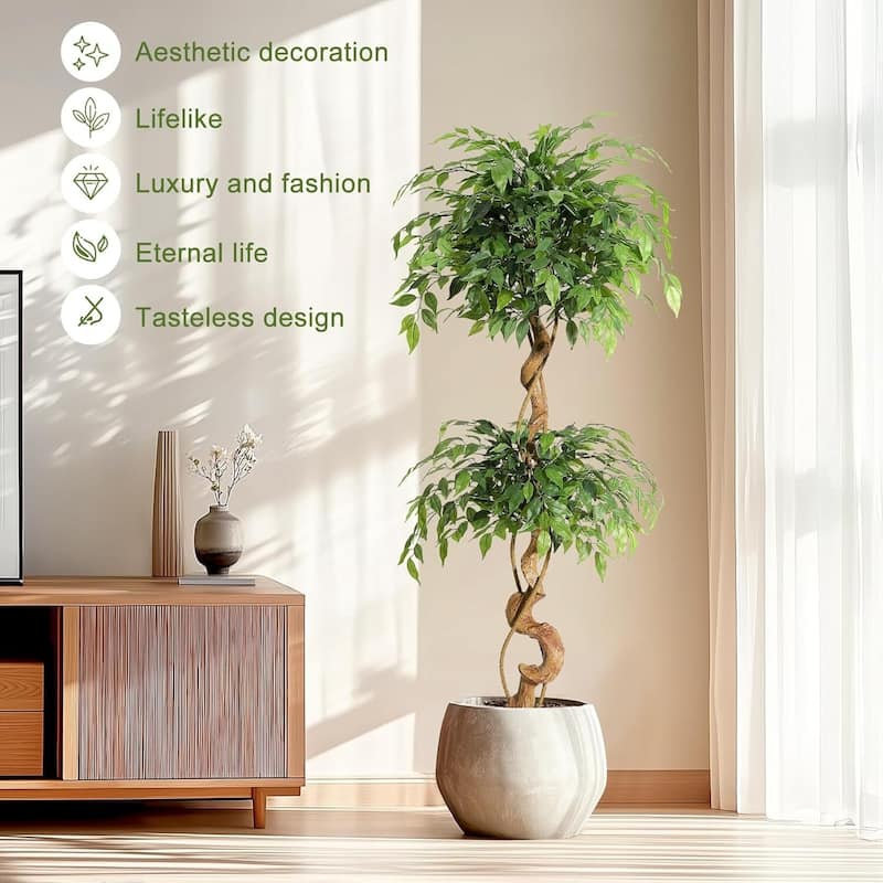 Artificial Faux Silk Ficus Tree with Curved Trunks for Indoor Home Decor
