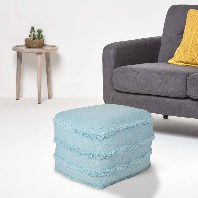 18" Blue Solid Texture and Striped Square Pouf Ottoman