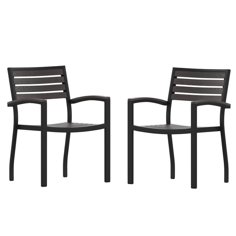 Set of 2 Stackable All-Weather Aluminum Patio Chairs with Faux Teak Slats