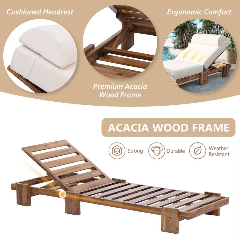 78.8" Acacia Wood Outdoor Patio Chaise Lounge - Adjustable Recliner with Headrest & Retractable Side Tray for Poolside, Garden