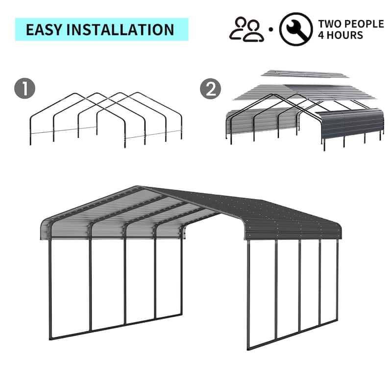 12x20 FT Metal Carport with Enhanced Base and Galvanized Steel Roof